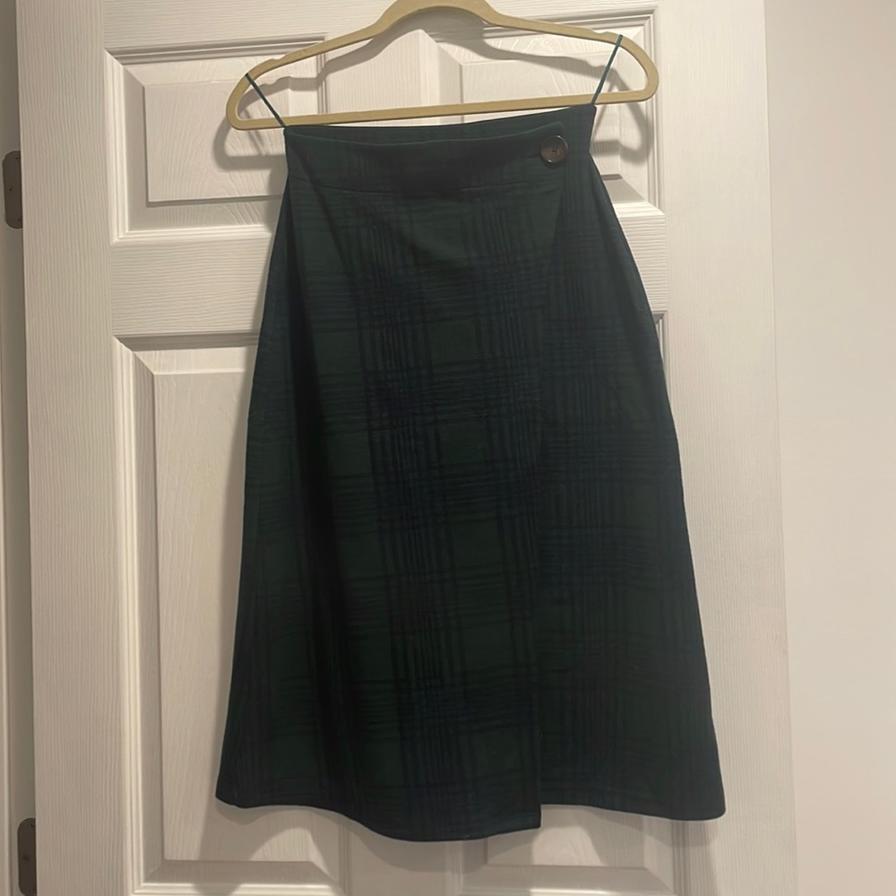 High Waist Green Plaid Wrap Skirt with Button Detail